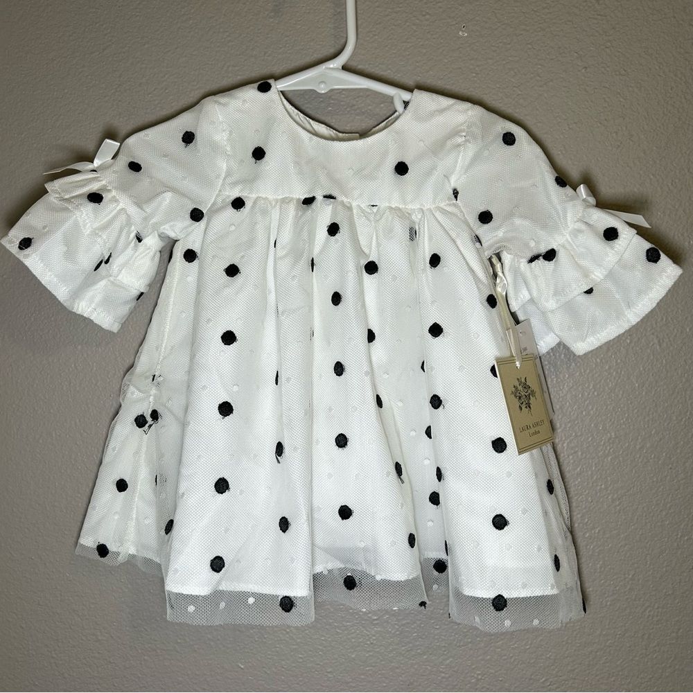 NEW Laura Ashley Infant White Black Polka Dot Dress Baby Girl’s Size 3-6 Months